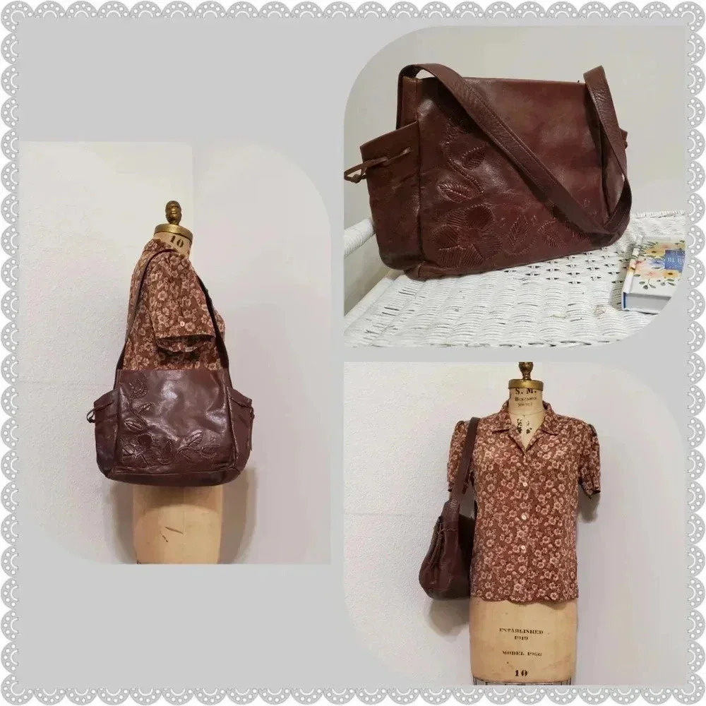 Francesco Biasia | Floral Woven Brown Genuine Leather Hobo Bag
